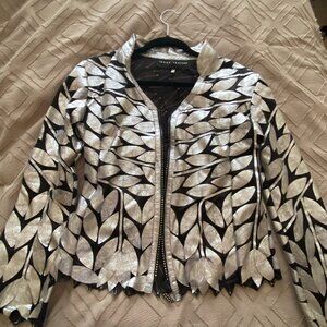 Image Leather Jacket Size S Silver Black with Cutouts and Studded Lining